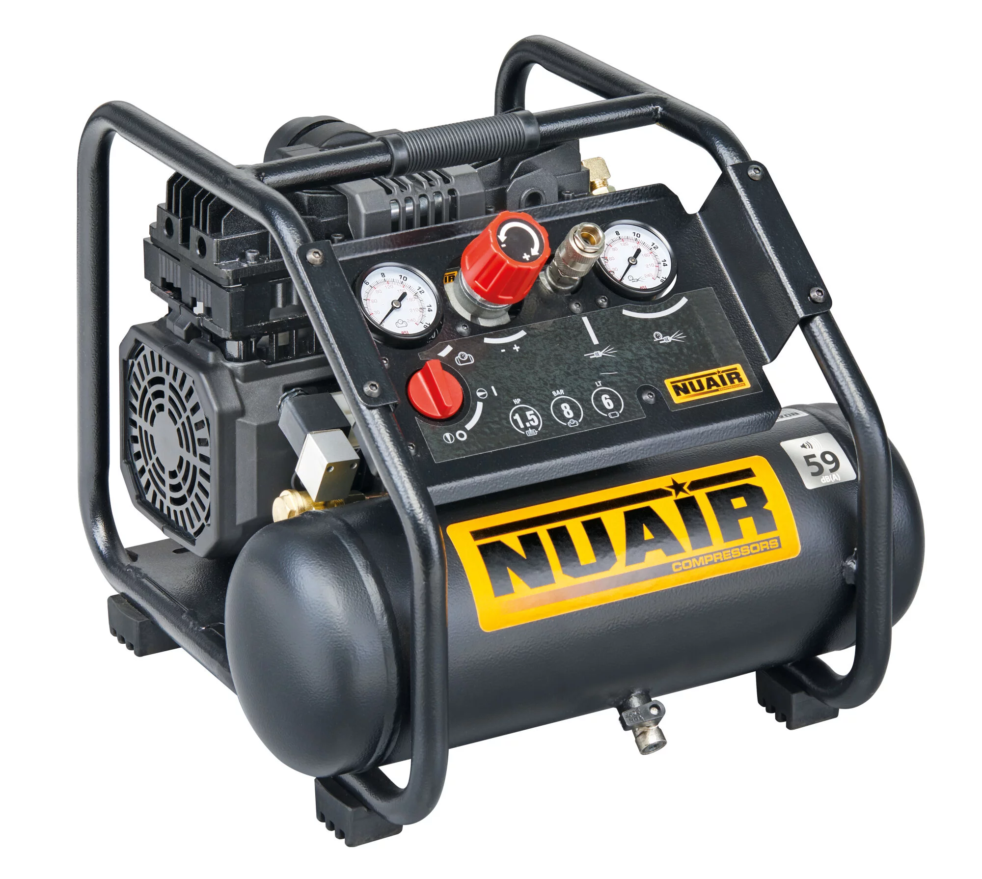 Kompresor bezolejowy wyciszony 59dB 6L 8 bar 1,1kW 230V 160l/min NuAir